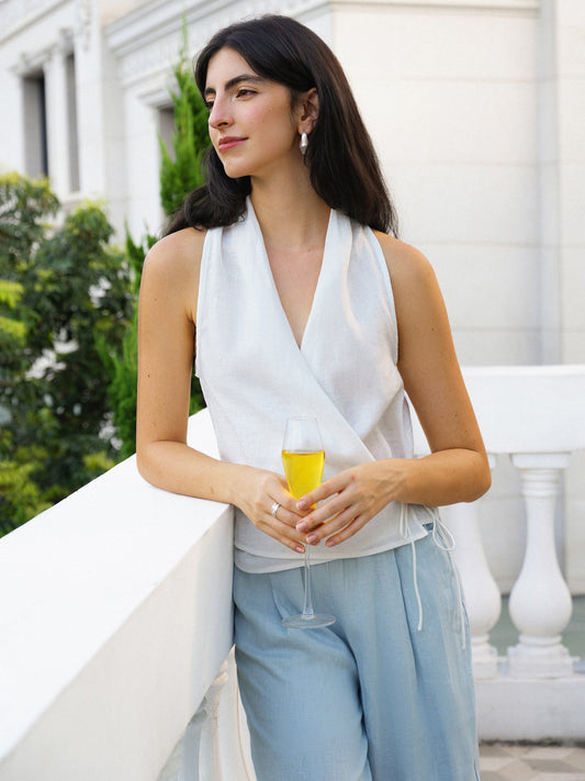 100% Linen Halter Neck Tie-Front Crop Top FAYE