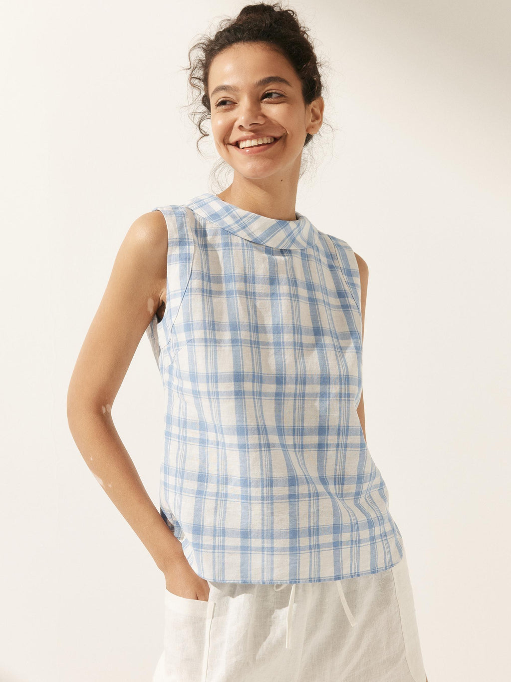 100% Linen Draped Collar Tank Top JACQUELINE