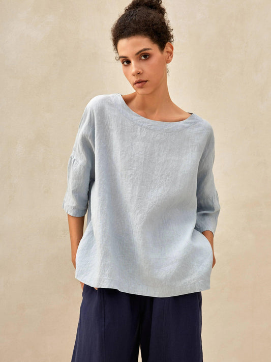 100% Linen Boatneck 3/4 Length Sleeve Top AURORA