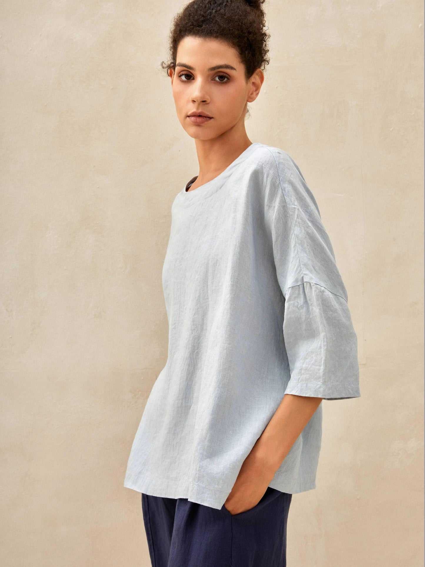 100% Linen Boatneck 3/4 Length Sleeve Top AURORA