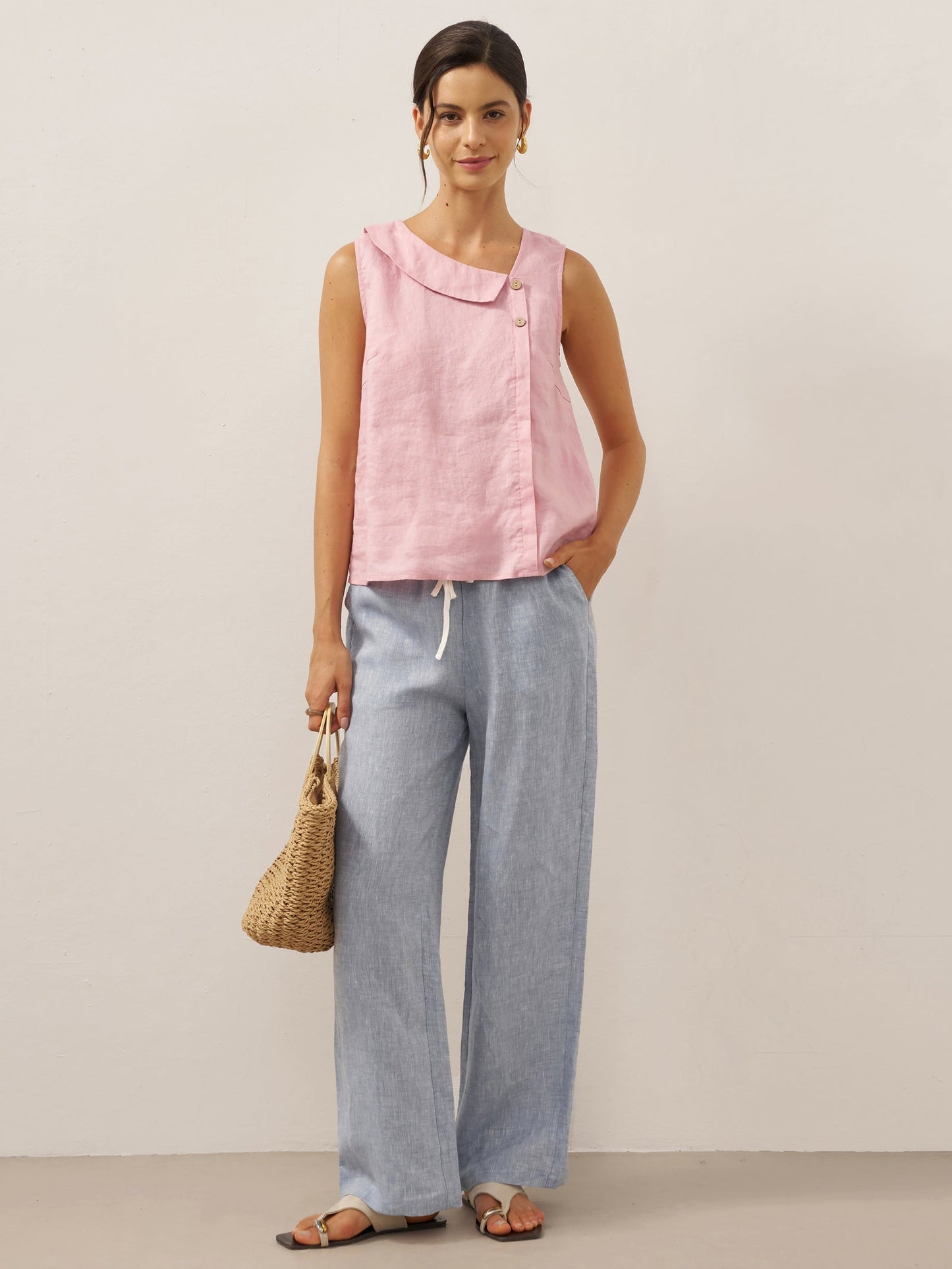 100% Linen Sleeveless Crescent Collar Top KARA