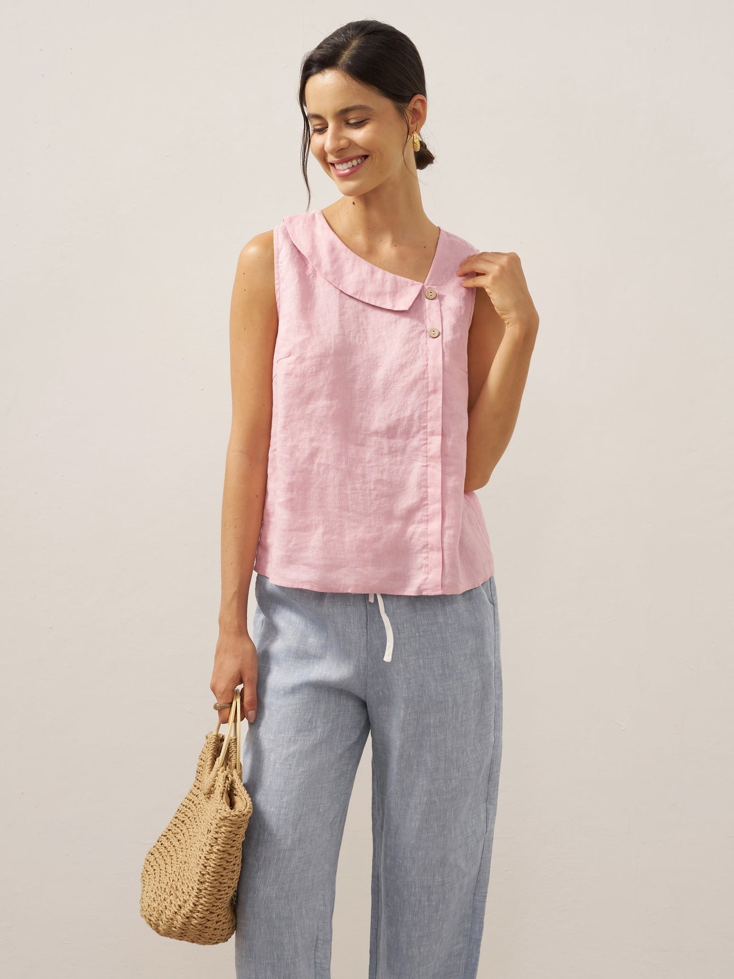 100% Linen Sleeveless Crescent Collar Top KARA