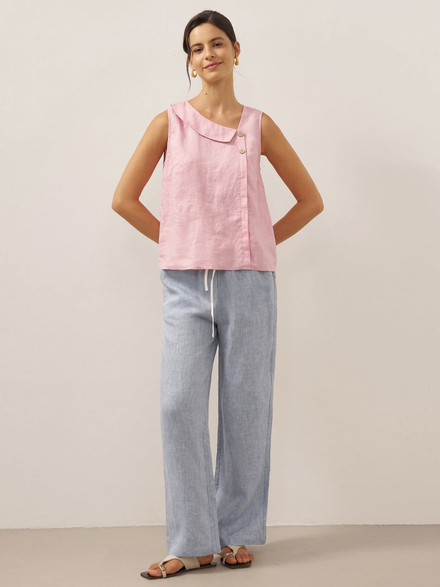 100% Linen Sleeveless Crescent Collar Top KARA