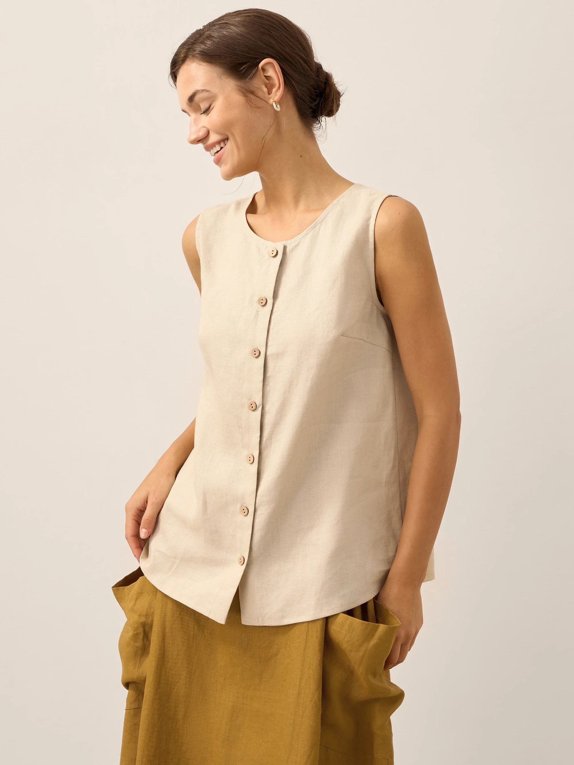 100% Linen Buttons Down Tank Top ERIN