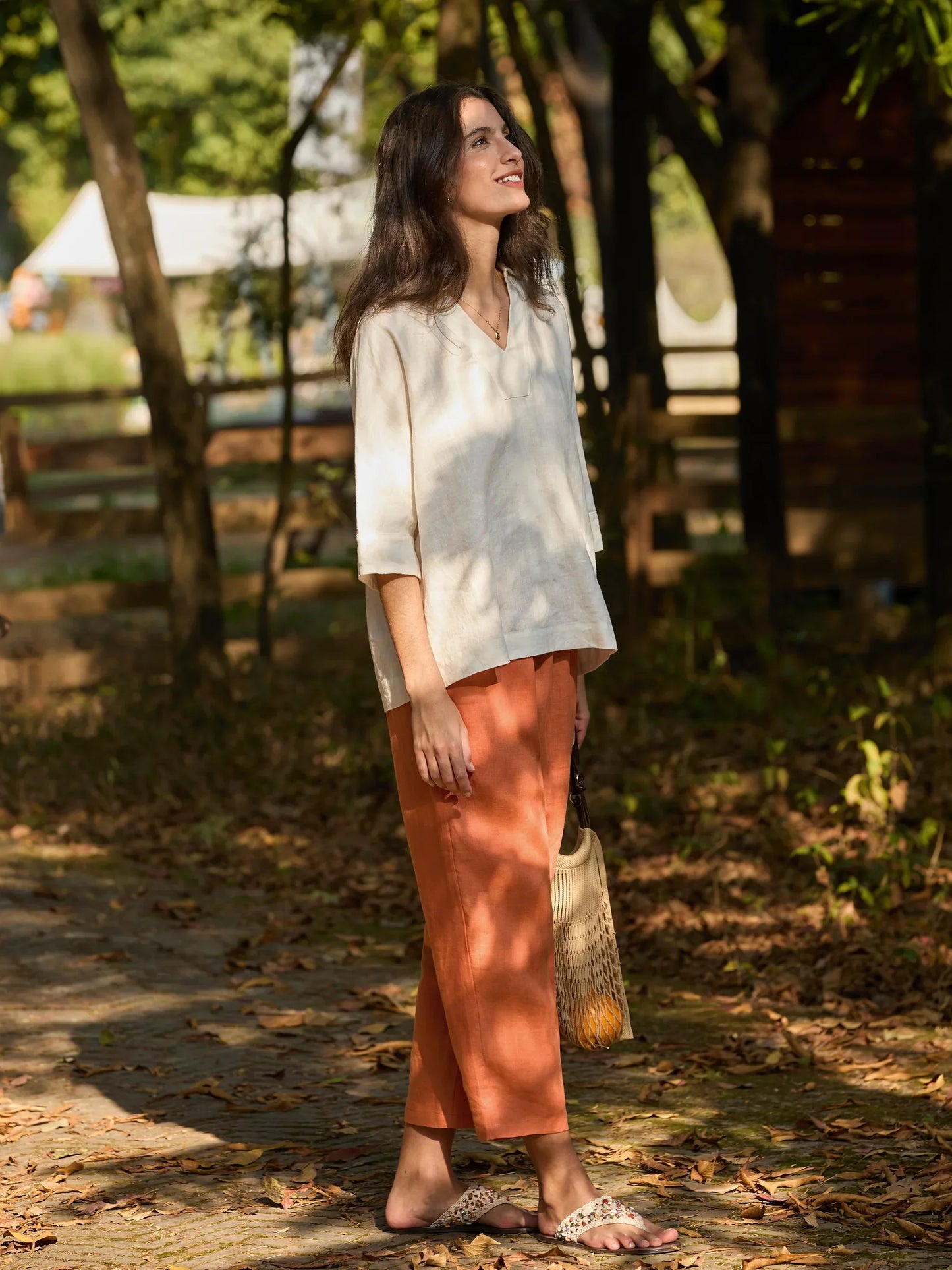 100% Linen Button Accents Tapered Pants DORALIE