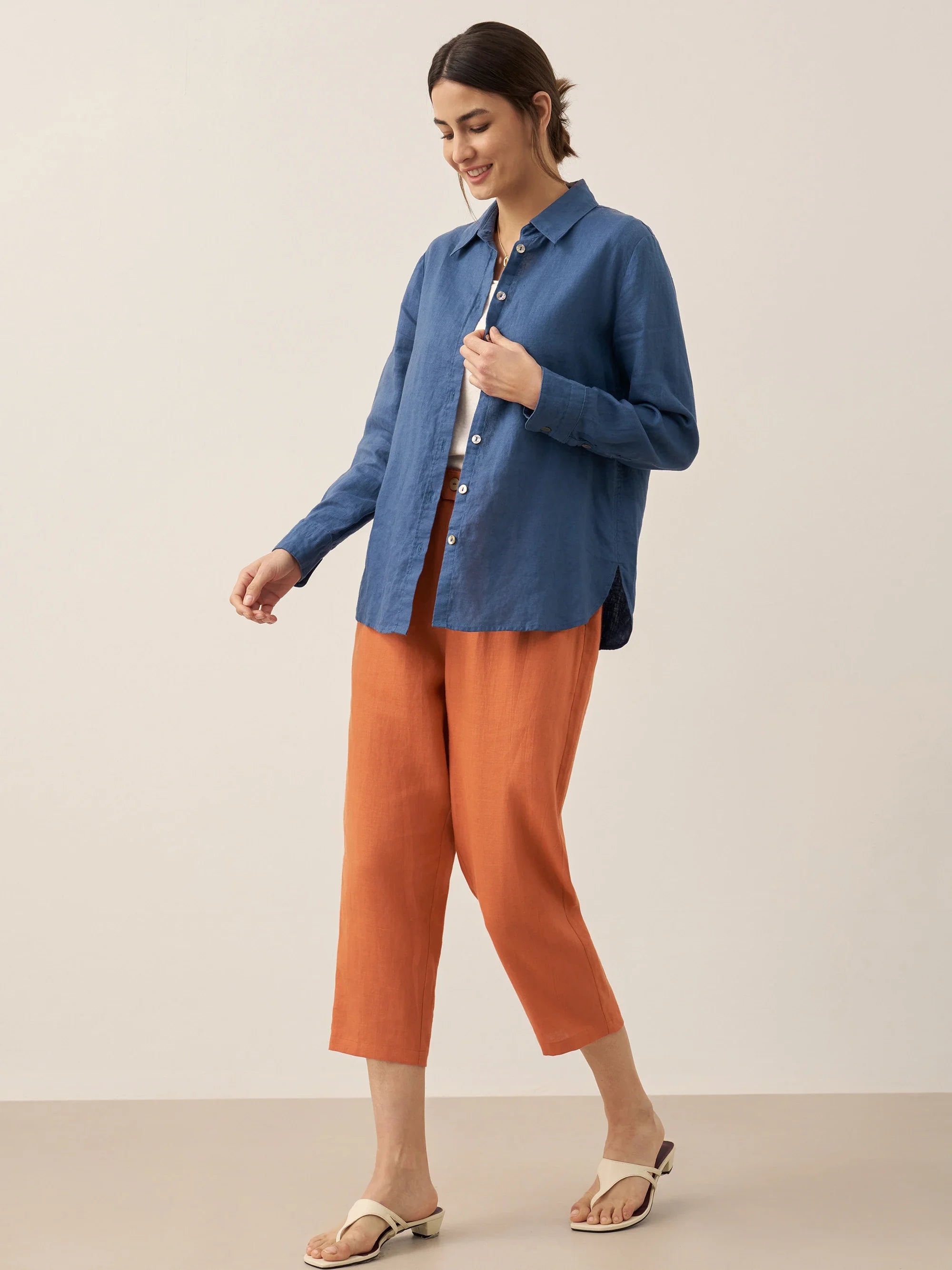 100% Linen Button Accents Tapered Pants DORALIE