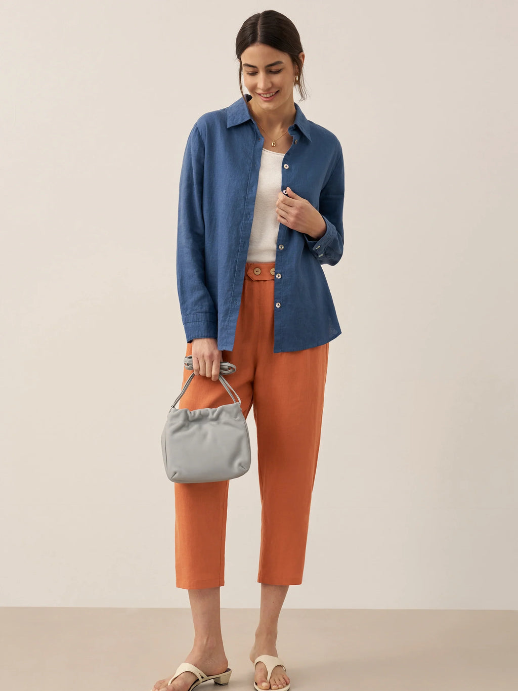 100% Linen Button Accents Tapered Pants DORALIE
