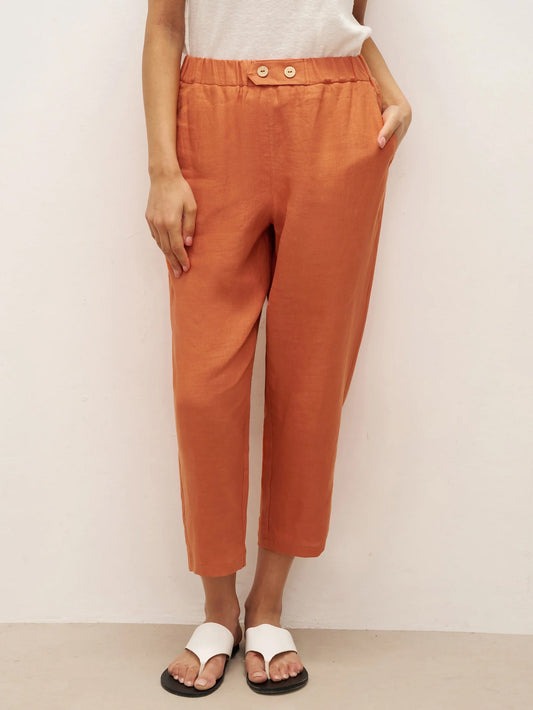 100% Linen Button Accents Tapered Pants DORALIE
