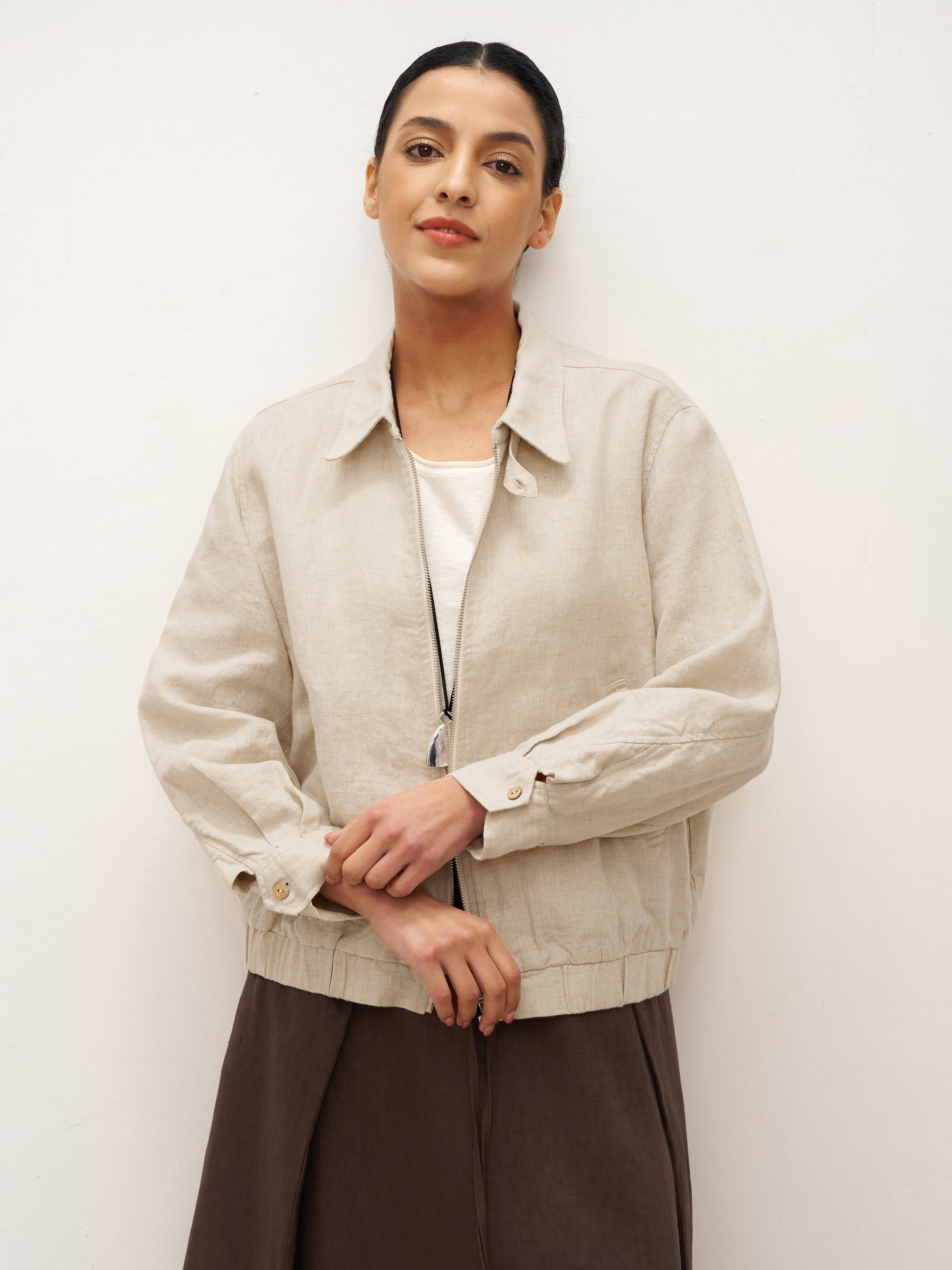 100% Linen Zipper Aviator Jacket ELIZA