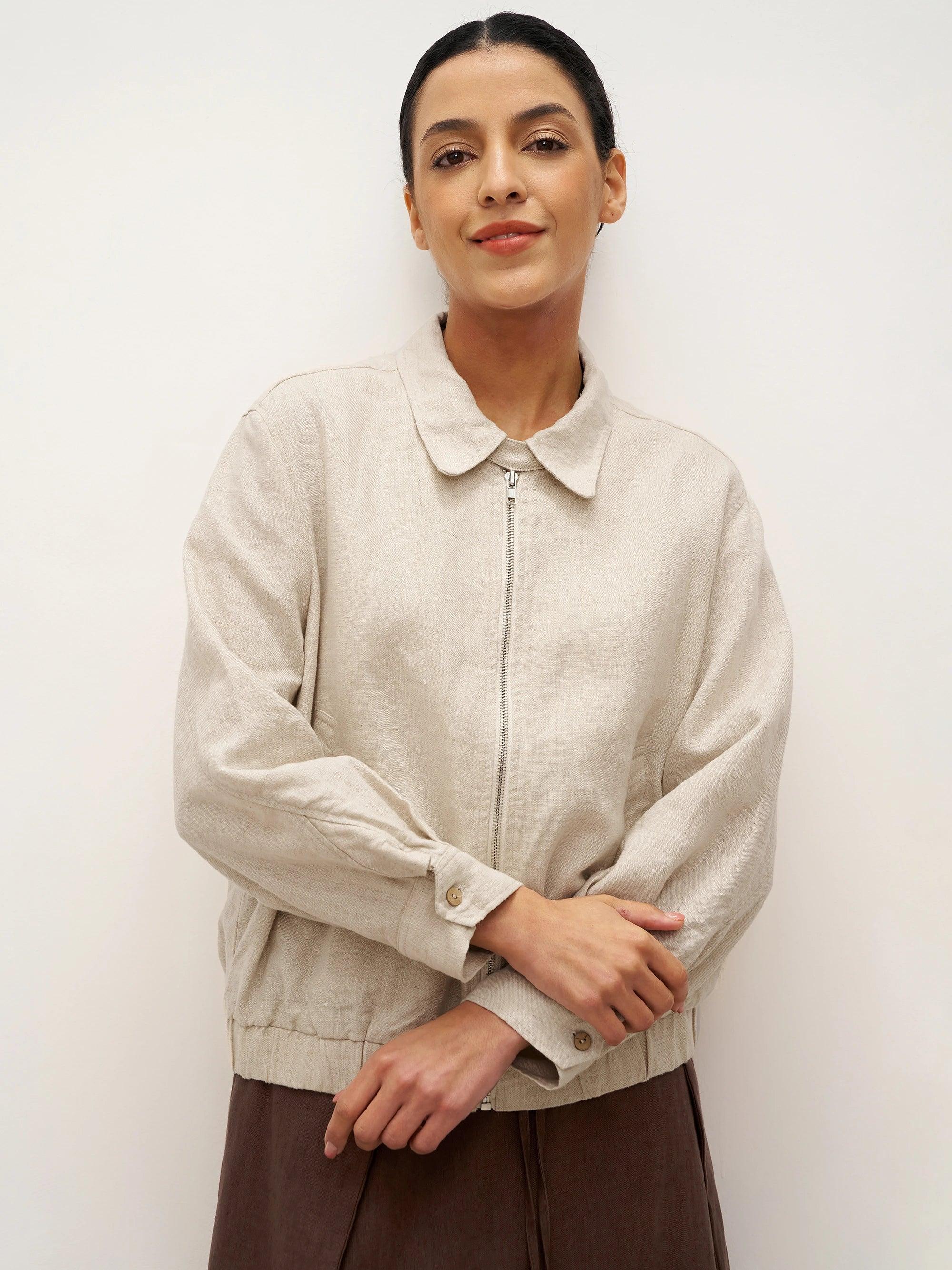 100% Linen Zipper Aviator Jacket ELIZA