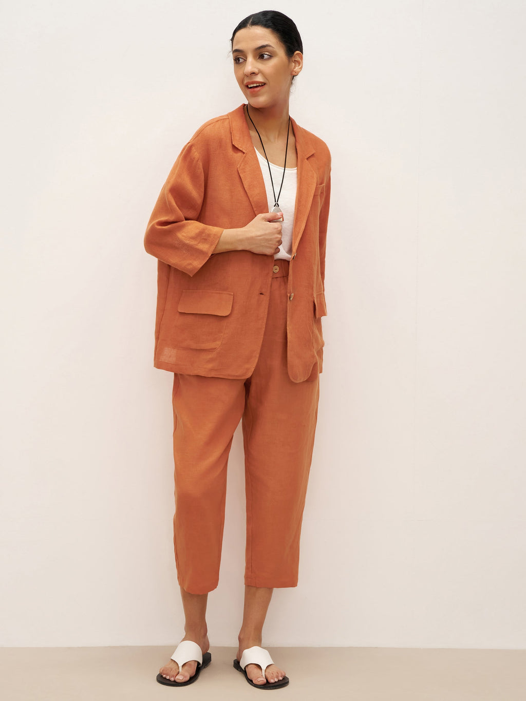 100% Linen Button Accents Tapered Pants DORALIE