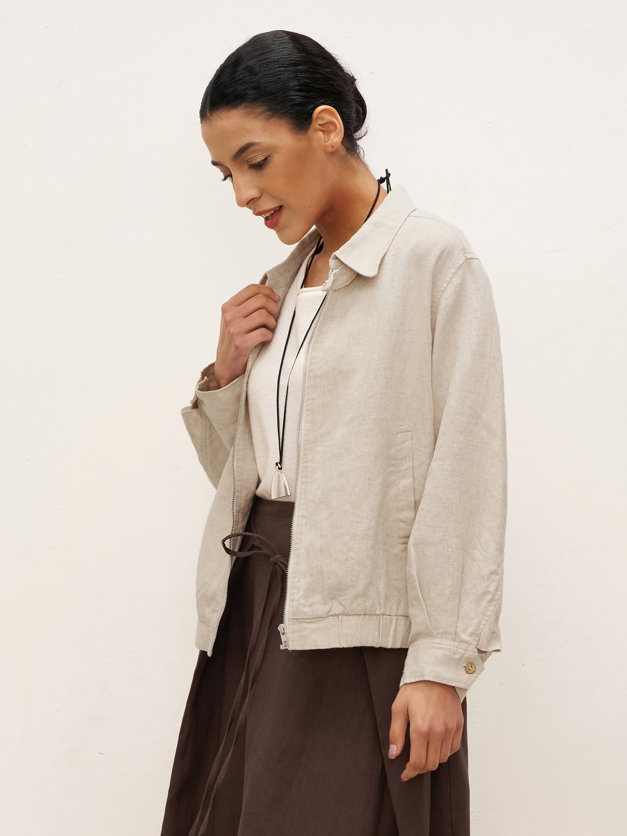100% Linen Zipper Aviator Jacket ELIZA